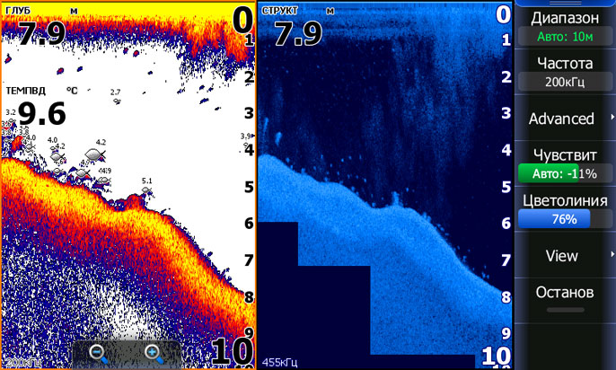 Экран нижнего сканирования DSI - чем ближе рыба ко дну, тем сложнее сонар определяет ее как отдельный объект